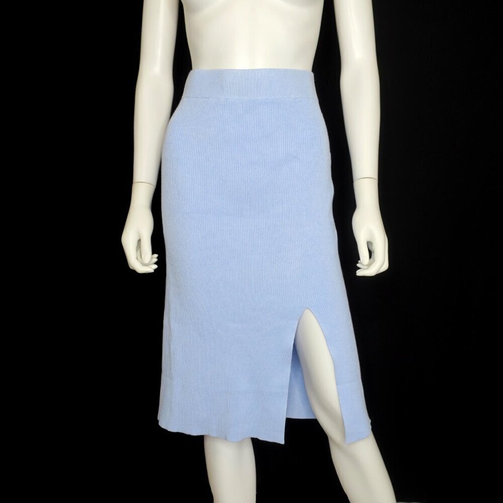 H&M Blue Ribbed Sweater Knit Midi Skirt Front Slit Bodycon Women's Medium NWT